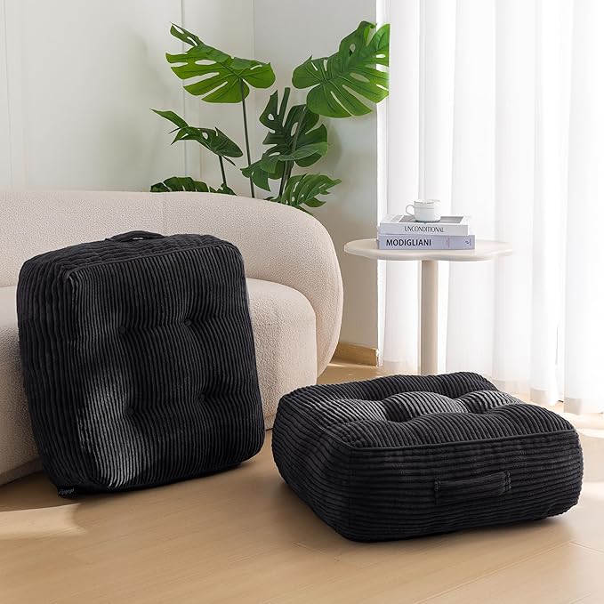 8" Washable Floor Pillow Cushion for Adults, Meditation Cushion Pillow, Large Square Floor Sitting, Removable Tufted Corduroy Cover, for Tatami Living Room or Yoga, 22x22 Inch, 2Pack, Machine Washable