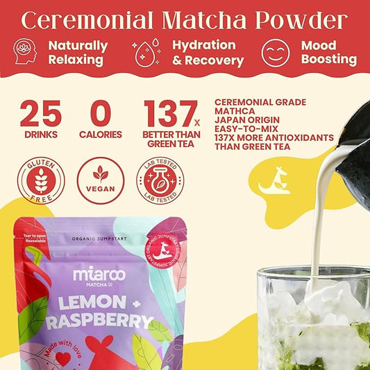 Miaroo Ceremonial Matcha (Lemon Raspberry) | Authentic Japanese Matcha Powder | Antioxidant Superfood, Natural Energy & Amino Acid Source | 50g