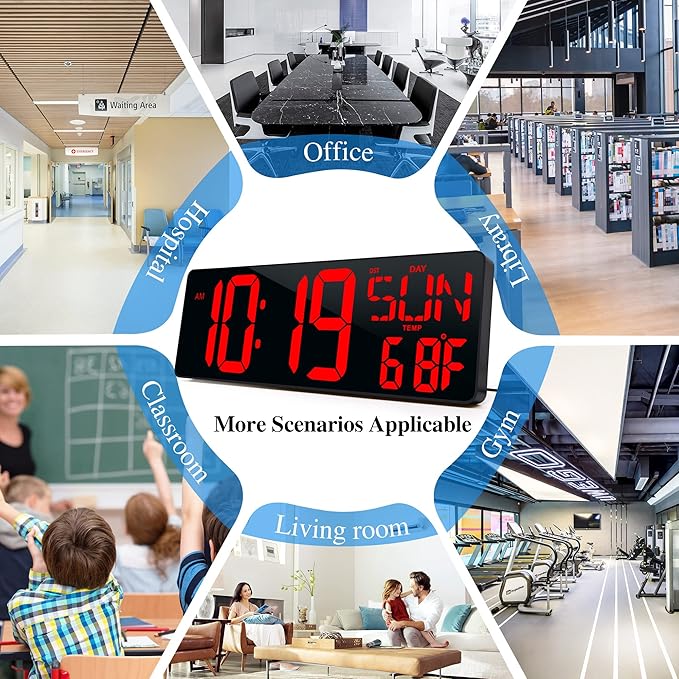 17.2" Large Digital Wall Clock Bluetooth Auto Time Sync Digital Clock Large Display Auto-Dimming/DST Led Wall Clock with Date Week Big Timer for Living Room Classroom Garage Gym Decor