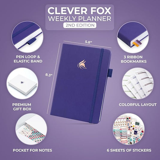 Clever Fox Planner 2nd Edition – Colorful Weekly & Monthly Goal Planner, Time Management & Productivity Organizer, Undated, A5 (Purple)