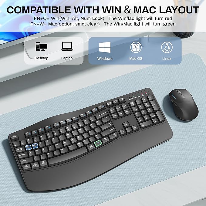 Wireless Keyboard and Mouse Combo,2.4G Full Size Wave Keys Ergonomic Keyboard with Wrist Rest for Natural Typing, 3 DPI Adjustable Ergonomic Silent Mouse for Computer/Laptop/Windows/Mac (Grey)