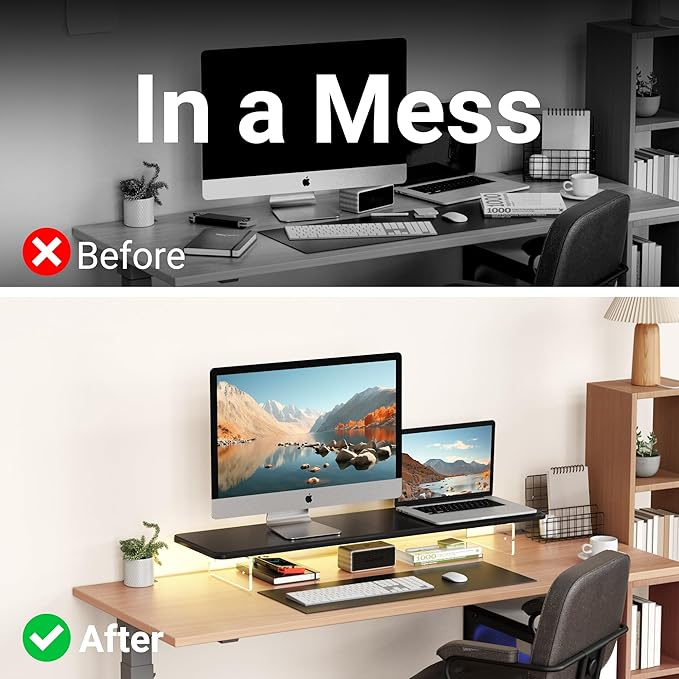 Monitor Stand Riser,31.5-Inch LED Light Wood Computer Monitor Stand with Adjustable Acrylic Legs,Desk Accessories Desktop Organizer Stand for Computer,Laptop,Printer,PC TV Screen Riser,Black