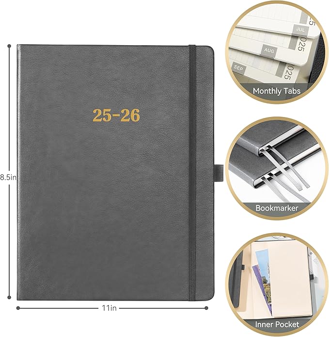 2025-2026 Planner - Weekly Monthly Planner 2025-2026, 8.5"x11", Jul.2025 - Jun.2026, Leather Hardcover, 12 Monthly Tabs, Pen Loop, Elastic Closure, Pocket, Grey