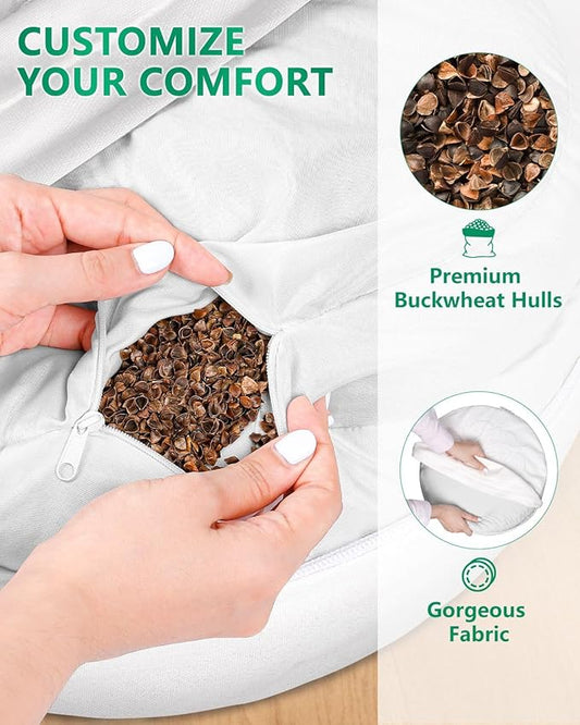 Hihealer Meditation Cushion Set Large Cotton Floor Pillow & Traditional Tibetan Yoga Bolster for Adults Zafu Meditation Mat with Buckwheat Filling (Pure White)