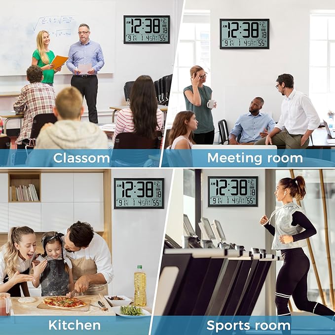 SZELAM Atomic Clock,16.7" Large Display Digital Wall Clock Battery Operated,Digital Calendar Auto Setting Desk Clocks with Indoor Temperature, Humidity,Date,Day,Auto DST for Elderly Bedroom Classroom