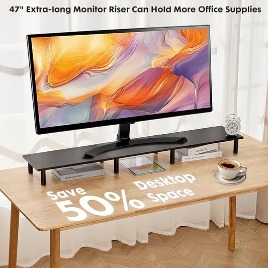47 Inch Extra-Long Dual Monitor Stand Riser for 2 Monitors, Desk Shelf TV Riser Blocks, Wood and Steel Desktop Riser for Computer, Laptop, Printer, Home Office Organization, Black