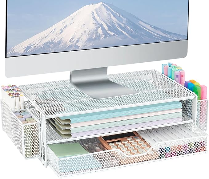 AUPSEN Computer Monitor Stands Riser,2-Tier Desk Organizers and Accessories, Office Desk Accessories Organizer with Drawers and 2 Pen Holder for Office Supplies (White)