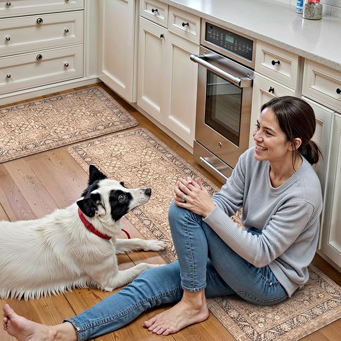 KIMODE Farmhouse Anti Fatigue Kitchen Mat, 17"x59"+17"x29" Vintage Kitchen Rugs, Waterproof Kitchen Floor Mats Non Slip, Comfort Foam Standing Mat for Sink, Laundry, Office, Desk Brown