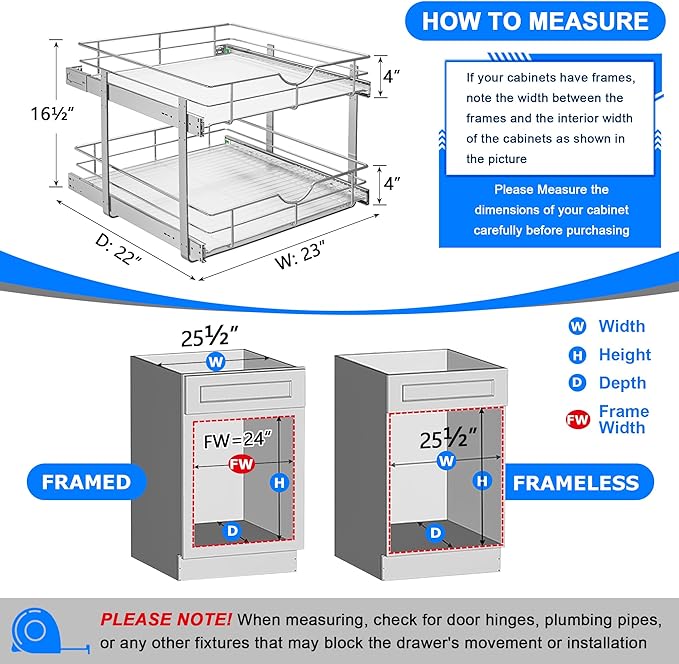 WelFurGeer 2-Tier Stainless Steel Pull Out Cabinet Organizer, Soft Close Damping Slides, Heavy Duty Chrome Plated Wire Basket with Shelf Liner, Perfect for Kitchen Cabinets, Pantry Storage, Under Sink