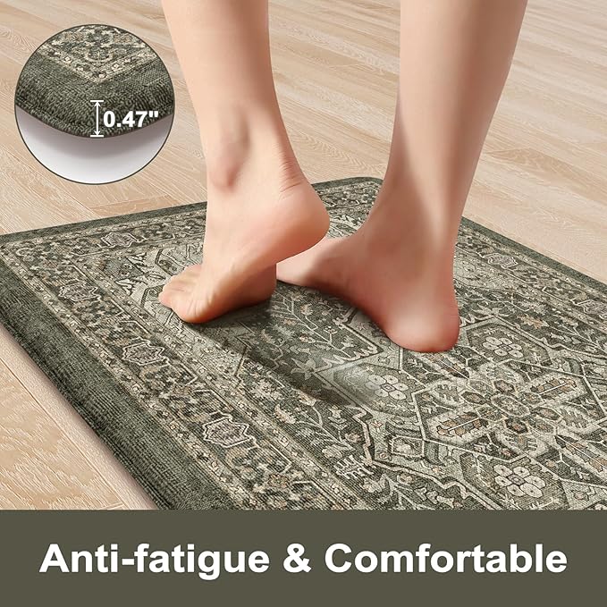 KIMODE Anti Fatigue Mats for Kitchen Floor 17"x47"+17"x29", Boho Kitchen Rugs Sets of 2,Cushioned Kitchen Floor Mats, Comfort Standing Mat for Laundry, Office, Sink, Desk Dark Green