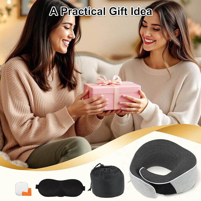 VOCOSTE Neck Pillow for Airplane Travel, Ergonomic Memory Foam Support for Long Flights, with Eye Mask & Earplugs, Home & Office Nap, Gifts for Frequent Flyer, Light Gray