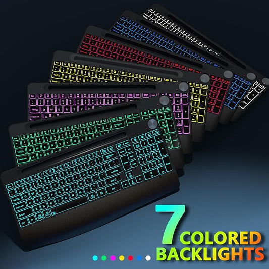 JOYACCESS Ergonomic Wireless Backlit Keyboard with Phone Holder,Rechargeable Wireless Keyboard Mouse Combo with Light Up Keys for for Laptop, PC, Mac, Windows-Grey