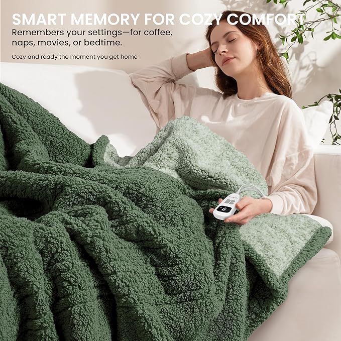 Electric Heated Blanket King 90x100 inches, Fast Heating w/ 10 Heat Settings & 2/4/8/10H Auto Timer, Double-Sided Sherpa, Ultra Soft & Cozy for Couch, Bed, Office, Machine Washable, Sage