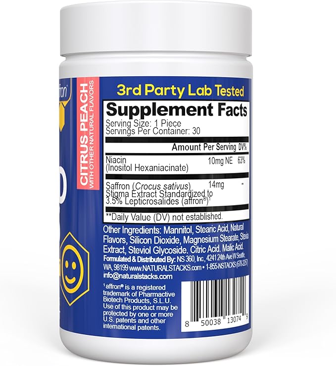 Saffron Supplement with Vitamin B3 - Mood Support Supplement - 14mg Saffron Extract & 62mg Vitamin B3 Niacin - Mood Bites for Stress Relief - Clinically Tested Affron - 30 Citrus Peach Chewables