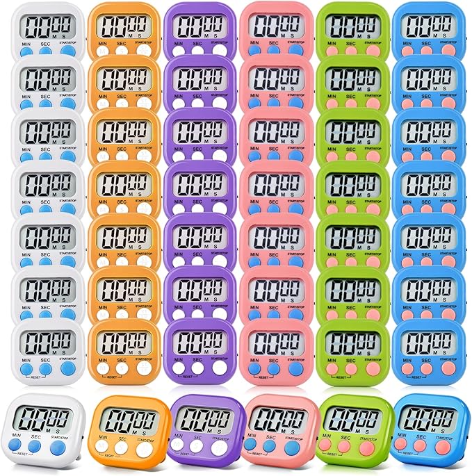 48 Pack Digital Kitchen Timer Magnetic Digital Timer with Big Display Loud Ring Cooking Timers for Kitchen Electronic Timer for Cooking, Bathing, Gym, Break Time, Classroom(6 Color)