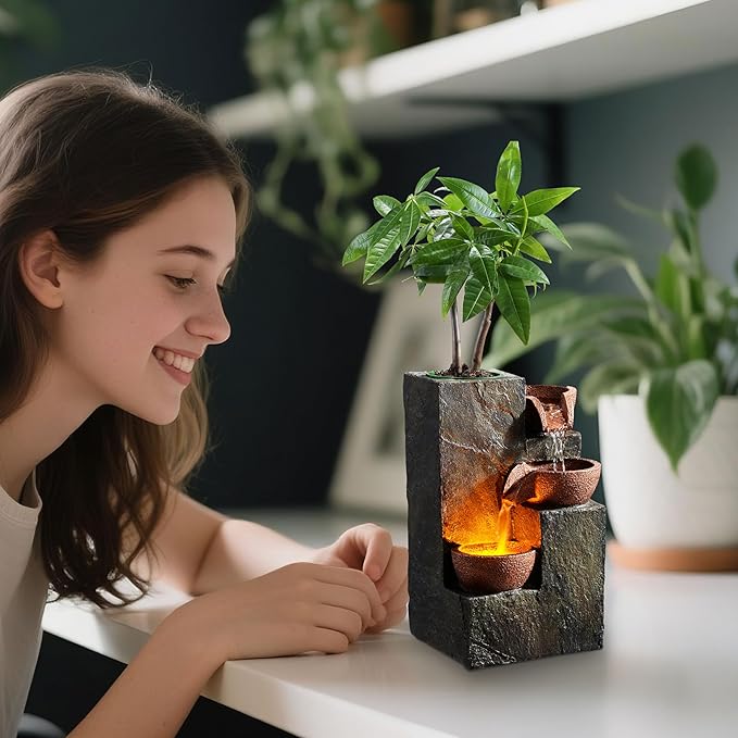 Tabletop Indoor Water Fountain – 3-Tier Rock Waterfall Fountain with Warm LED Light and DIY Planting Pot – Relaxing Small Water Feature for Desk or Home Decor (23061)