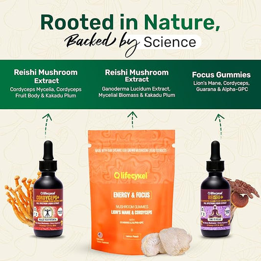 Life Cykel Cordyceps & Reishi Mushroom Extract Liquid Duo – Potent 1oz Tinctures with Included Energy & Focus Gummies (10-Count) for Enhanced Vitality, Immune Support & Mental Clarity