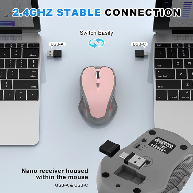 Bluetooth Wireless Computer Mouse for Laptop PC Mac, 2.4G Ergonomic Cordless Mouse Jiggler with USBA/USBC Receiver & Type-C Adapter, 3 DPI Levels 6 Buttons Rechargeable Mice for Office&Home-PINK