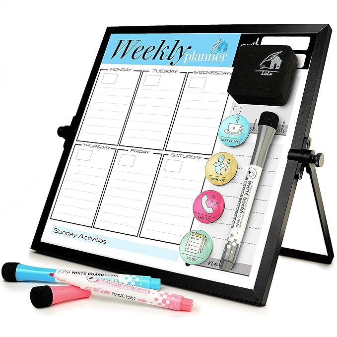 Small Desktop White Board with Weekly Planner 10x10 inch, Magnetic to Do List Dry Erase Board Calendar with Stand, 3 Markers, 4 Magnets, Eraser - Portable Whiteboard for Homeschool and Office Desk