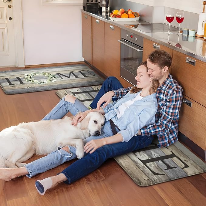 KIMODE Kitchen Mats for Floor 17"x47"+17"x29", Farmhouse Kitchen Rugs Sets of 2, Anti Fatigue Mats for Kitchen Floor, Cushioned Comfort Kitchen Floor Mats for Sink, Laundry, Desk Grey