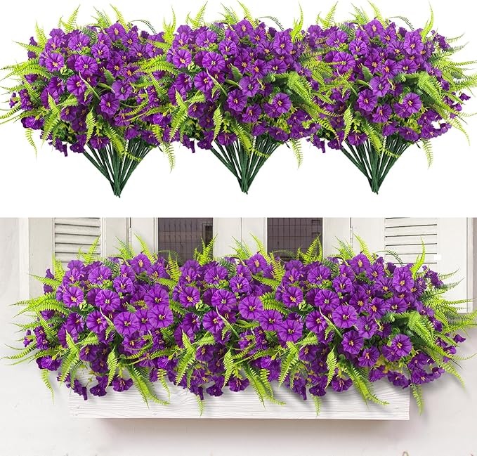 Spring Artificial Flowers Outdoors 12 Bundles Artificial Petunias Fake Flowers UV Resistant Shrubs Plants with Fern for Indoor Outside Hanging Planters Home Garden Decorations (Light Purple)