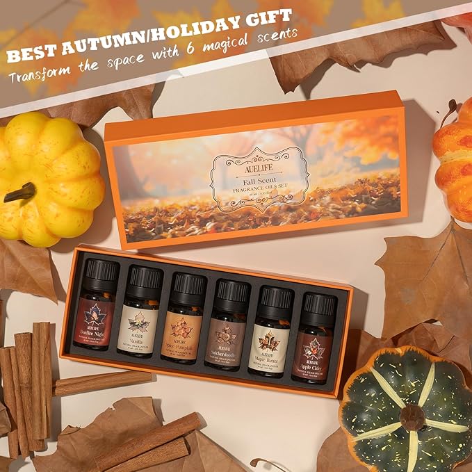 Fall Essential Oils Set, Top 6 Autumn Essential Oils for Diffusers for Home, Fragrance Oil for Candle, Aromatherapy Gift Set | Pumpkin, Apple Cider, Maple Butter, Snickerdoodle, Vanilla, Bonfire Night