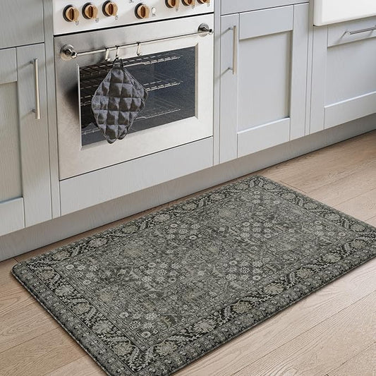 KIMODE Anti Fatigue Kitchen Mat, 20"x32" Cushioned Kitchen Rug, Non Slip Waterproof Kitchen Floor Mat, Boho Comfort Standing Mat for Laundry Office Sink Desk Green/Grey