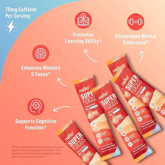 SuperFocus Fruit Punch with Caffeine– Nootropic Focus Drink Mix, 20 On-The-Go Packets, Alpha GPC, Lion’s Mane, Rhodiola, Sugar-Free