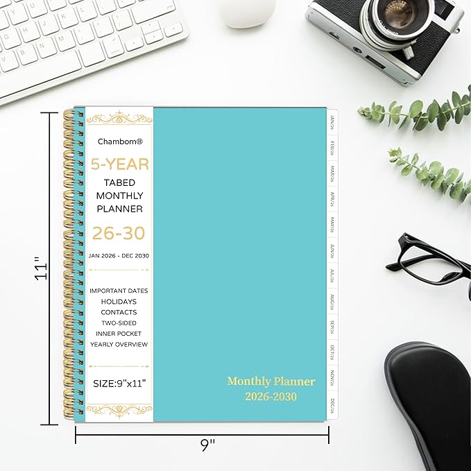 2026-2030 Monthly Planner, 5 Year Monthly Planner/Calendar 2026-2030, 60-Month Jan 2026 ā Dec 2030, 9" x 11", Tabs, Double-Side Pocket, Holidays, Thick Paper - Green