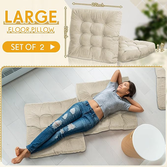 Jerify 2 Pcs Beige Floor Pillows Cushions 22 x 22 Inch Round Square Large Meditation Floor Pillow for Adults Meditation Cushion for Seating Gift Christmas (Square)