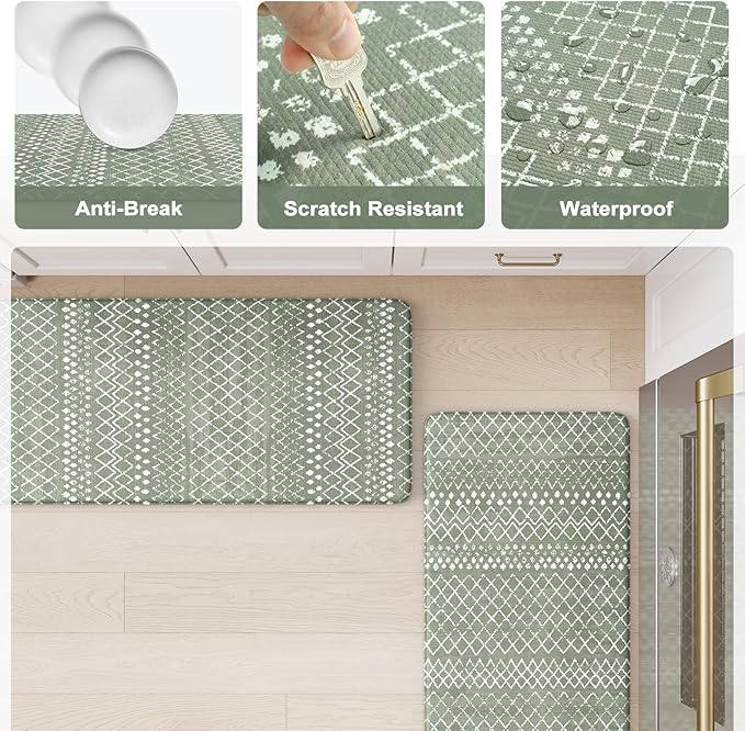 KIMODE Anti Fatigue Kitchen Mats for Floor, Boho Kitchen Rugs Sets of 2, Cushioned Kitchen Floor Mats, Comfort Standing Mat for Sink Laundry Office Desk Green 17"x59"+17"x29"