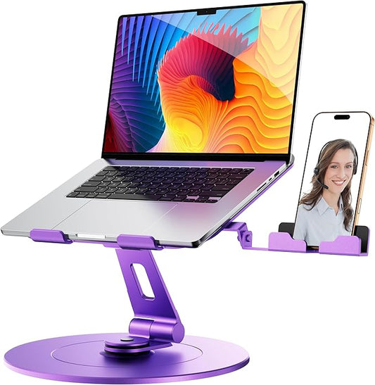 Laptop Stand with Phone Holder, Adjustable Laptop Stand with 360 Rotating Base, Aluminum Computer Mount Holder, Ergonomics Laptop Riser for Desk, Fits MacBook, up to 17.3" All Notebooks Purple