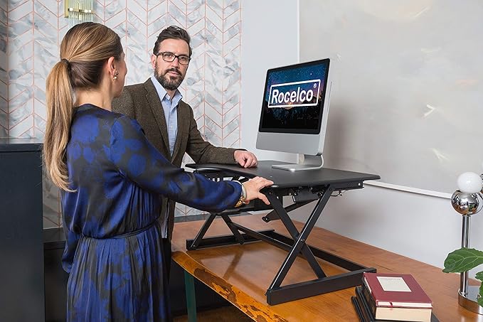 Rocelco 38" Large Height Adjustable Standing Desk Converter - Quick Sit Stand Up Dual Monitor Riser - Gas Spring Assist Tabletop Computer Workstation - Retractable Keyboard Tray - Black (R DADRB-38)
