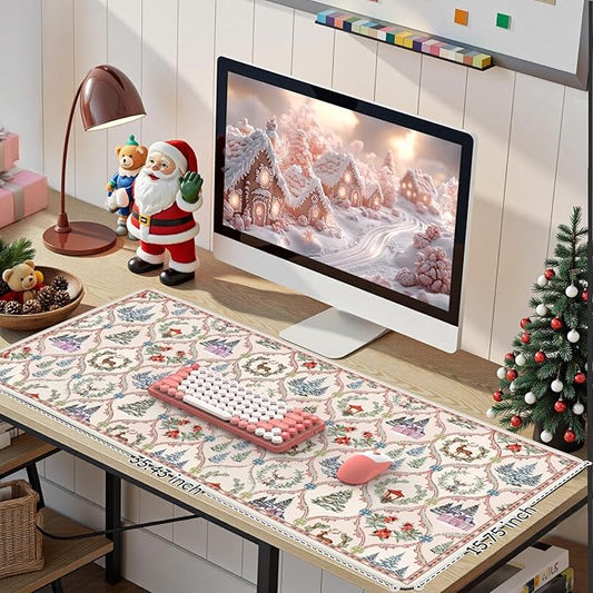 iCasso Christmas Desk Mat, Beige Mouse Pad, Desk Protector Mat, Extra Large Office Matt for Desktop,Anti-Slip XXL Big Mousepad with Stitched Edges for Computer Keyboard