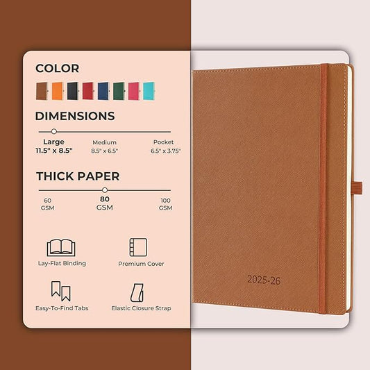 Weekly Monthly 2025-2026 Planner (July 25-Dec 26),11.5"x8.5",18 Months Agenda Plan with Month Tabs & Pocket,Expenses/Note Pages, Academic Calendar with Vegan Leather Cover,Brown