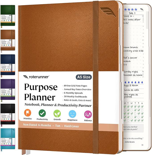 Roterunner Purpose Planner Notebook A5 5.8”x8.3” Undated 2025 Daily Weekly and Monthly Productivity Goal Setting Tool for Work Home ADHD Planner for Adults Self Care Journal (Tan Hardcover)