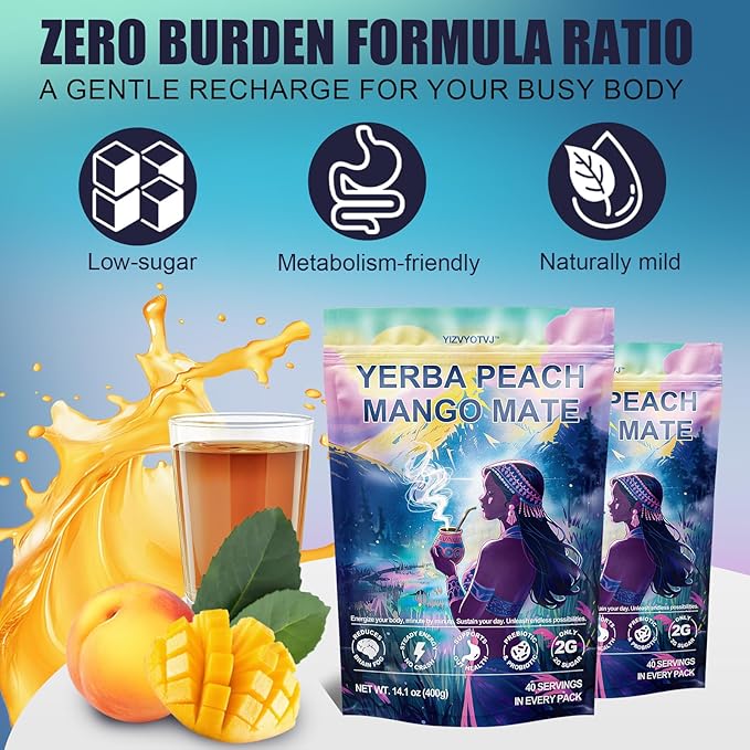 40 Servings (400g) Yerba Mate Instant Tea Powder, 3-in-1 Peach Mango Flavored Low Sugar Super Drink to Support Energy & Focus with Prebiotics and Probiotics