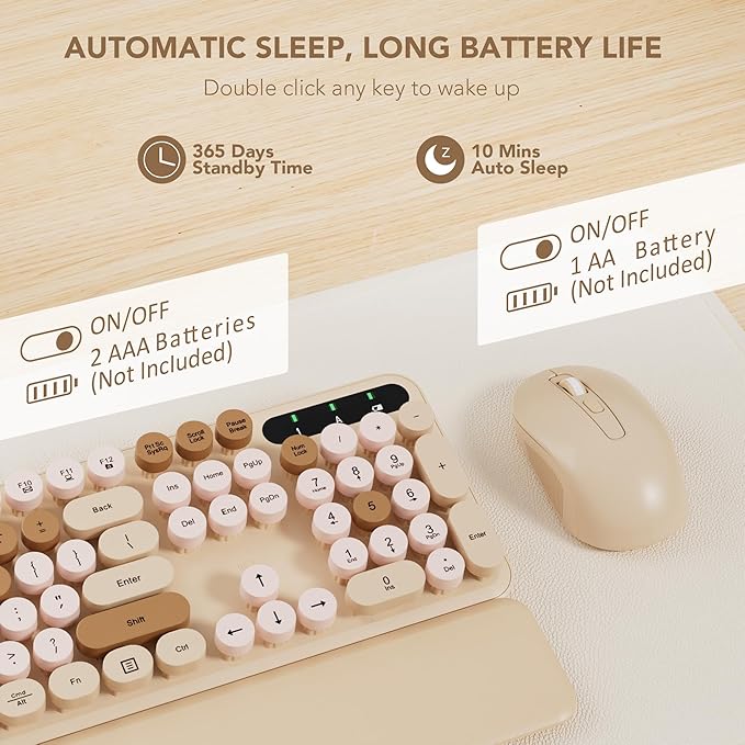 Wireless Keyboard and Mouse Combo, Round Keycaps, Full-Size Retro Typewriter Keyboard with Detachable Wrist Rest, Sleep Mode & Tilt Legs, 2.4GHz Cordless Connection for Mac/Windows/PC (Latte)