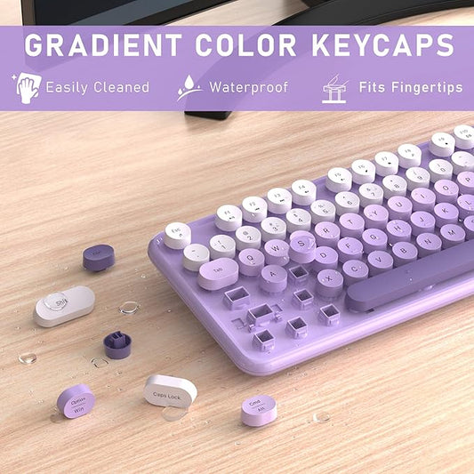 Wireless Keyboard and Mouse, Full-Size Retro Typewriter Keyboard with Round Keycaps, 2.4GHz for Windows, Mac, Laptop, PC, Desktop (Purple Gradient)