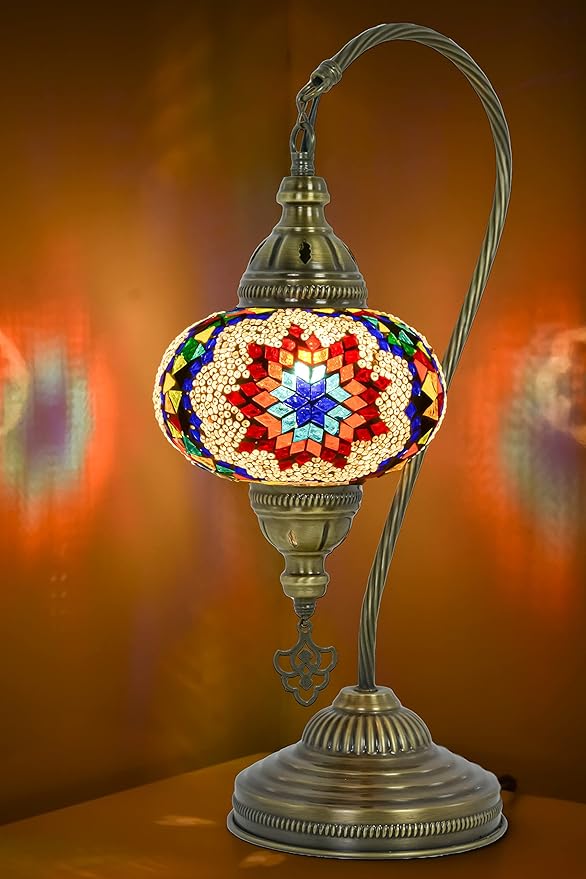 mozaist Turkish Moroccan Gooseneck Table Lamp, Mosaic Stained Glass Bedside Decor, Multicolor Swan Neck Rustic Handmade Home Decorative Light with E12 Socket & US Plug (Mix Star)