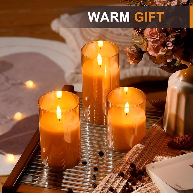 Glass Battery Operated LED Flameless Candles with Remote and Timer, Real Wax Candles Warm Color Flickering Light for Festival Wedding Home Party Decor(Pack of 3)-Gold