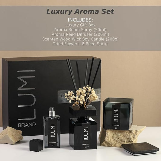 Luxury Aroma Gift Set | Bamboo Forest | Reed Diffuser (200ml), Wood Wick Soy Candle (200g), Room Spray (50ml) | Includes Dried Flowers & 8 Reeds | Home Fragrance Gift for Women, Men & Home Decor