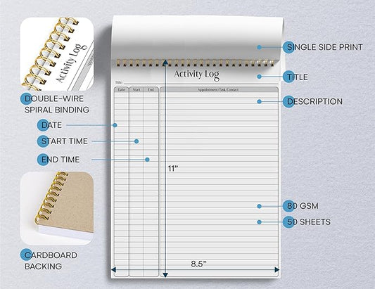 Better Office Products Activity Log Notepad, 8.5" x 11", Planning Note Pad, 50 Sheets, Double-Wire Spiral, Daily Time Tracking Productivity Checklist Organizer,(1 Pack)