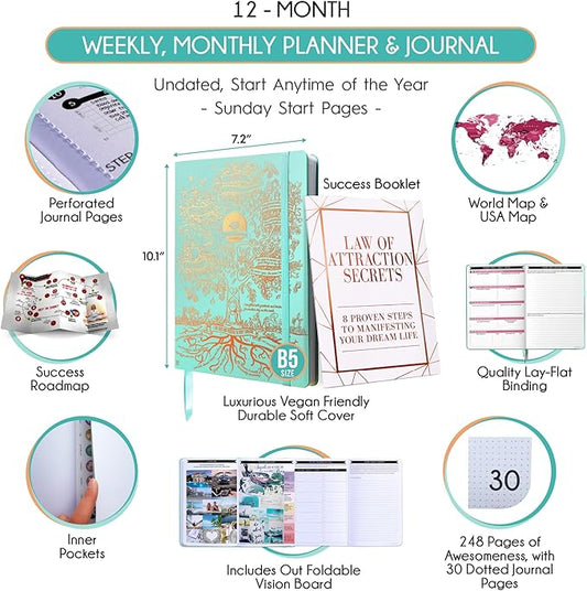 Law of Attraction Planner – Undated Hourly, Weekly & Monthly Goal Setting Planner, 12-Month to Increase Productivity | Life & Gratitude Journal, Include Foldable Vision Board, Gift Box & Stickers