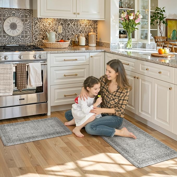 KIMODE Anti Fatigue Kitchen Mat 2PCS,Waterproof Farmhouse Kitchen Rugs Non-Slip,Vintage Grey Kitchen Mat for Floor,Cushioned Comfort Foam Standing Mat for Laundry,Office,Sink,Desk