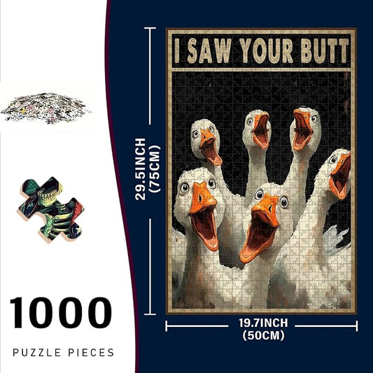 1000 Piece Wooden Duck Jigsaw Puzzle I Saw Your Butt for Adults & Kids Challenging Family Activity with Stress Relief & Focus Training 29.5x19.7 Inch