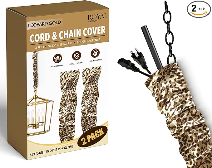 Royal Designs, Inc. Cord & Chain Cover 4 ft Silk Type Fabric, Chandelier Pendant Lighting Chain & Cable Management, Touch Fastener, Leopard Gold - 2 Pack