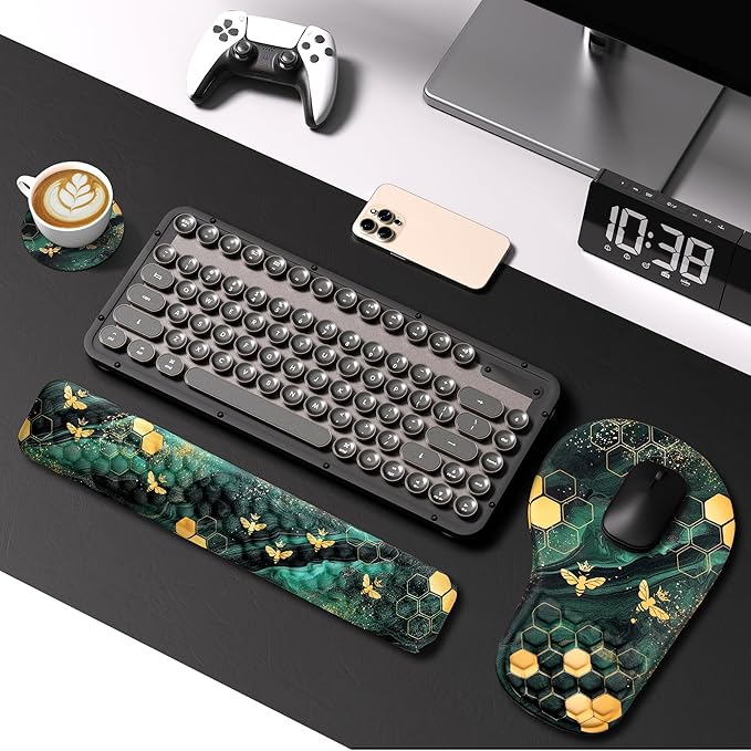 3 in 1 Ergonomic Mousepad and Keyboard Wrist Rest, Mouse Pad with Wrist Support Massage Design, Keyboard Wrist Rest and Mouse Pad Set for Home Office (Green Bee)