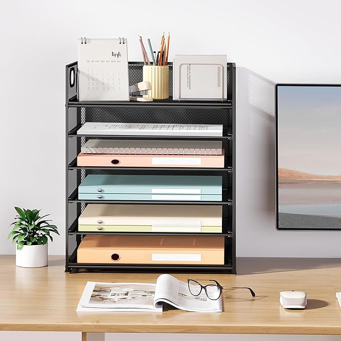 Subekyu 6 Tier Paper File Tray Organizer for Desk, Black Mesh Desk Letter Paper File Folder Accessories Sorter Organizer with Handle, Stackable Slide Tray for Office, Home or School Supplies Storage