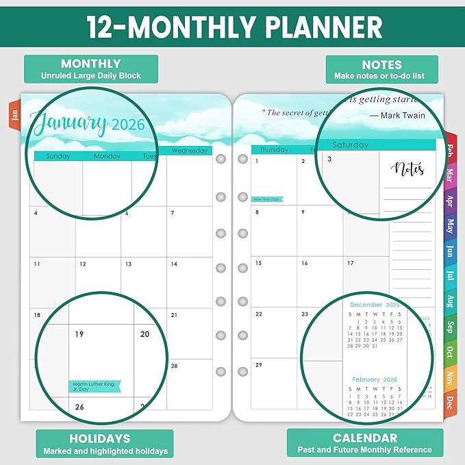 2026 Planner Refills - 7-Hole Punched Planner Refills 2026 with Colorful Tabs, JAN 2026 - DEC 2026, 5.5" x 8.5", A5 Planner Inserts, 2026 Weekly and Monthly Planner Refill with Monthly Pages & Weekly Pages - Dopamine Color